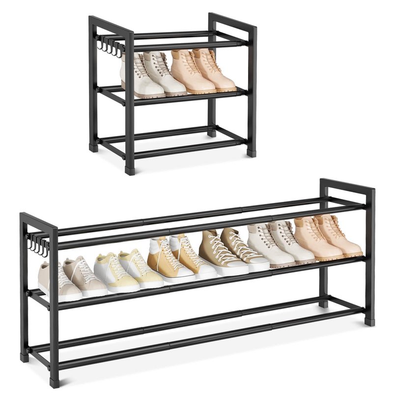 VGOBLO Expandable Shoe Rack - 18.5''- 47'' Adjustable Shoe Rack for Closet, 3 Tier Long Shoe Shelf Storage for 18 Pairs Shoe and Boot, Sturdy Metal Shoe Organizer for Entryway, Garage, Black