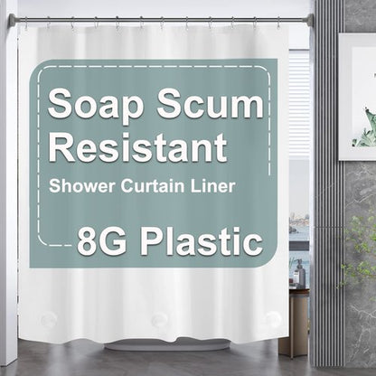 AmazerBath Plastic Shower Curtain, 72 x 65 Inches PEVA Heavy Duty White Shower Curtain, Waterproof Heavy Weight Thick Bathroom Curtain with 3 Big Clear Weighted Stones and 12 Rustproof Grommets