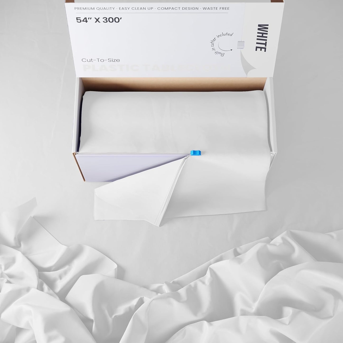 Party Solids | 54-Inch X 300-Feet White Plastic Table Cover Roll - Convenient Slide Cutter Included