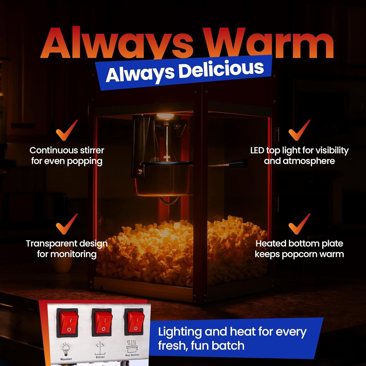 Popcorn Machine - Electric Popcorn Popper | Stainless Steel Kettle, Ready in 5 Minutes | 8 oz Capacity, Red