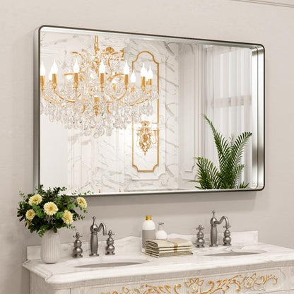 LOAAO 55X36 Inch Brushed Nickel Bathroom Mirror, Rounded Rectangle Silver Metal Frame Mirror, Brushed Nickel, Anti-Rust, Shatter Proof, Hangs Horizontally or Vertically