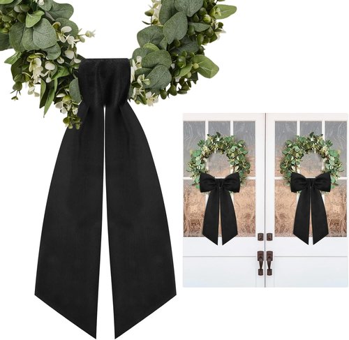 Black Wreath Sash by [Brand Name] - Elegant Linen Ribbon Bow for Front Door & Porch Decor