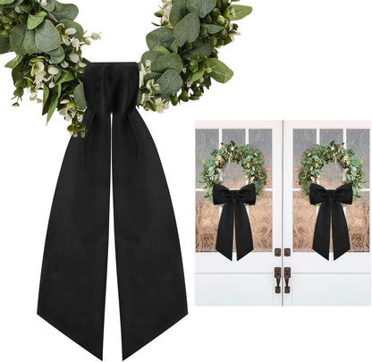 Skiennix Black Wreath Sash - Elegant Linen Ribbon Bow for Front Door & Porch Decor | 2 Pcs Set