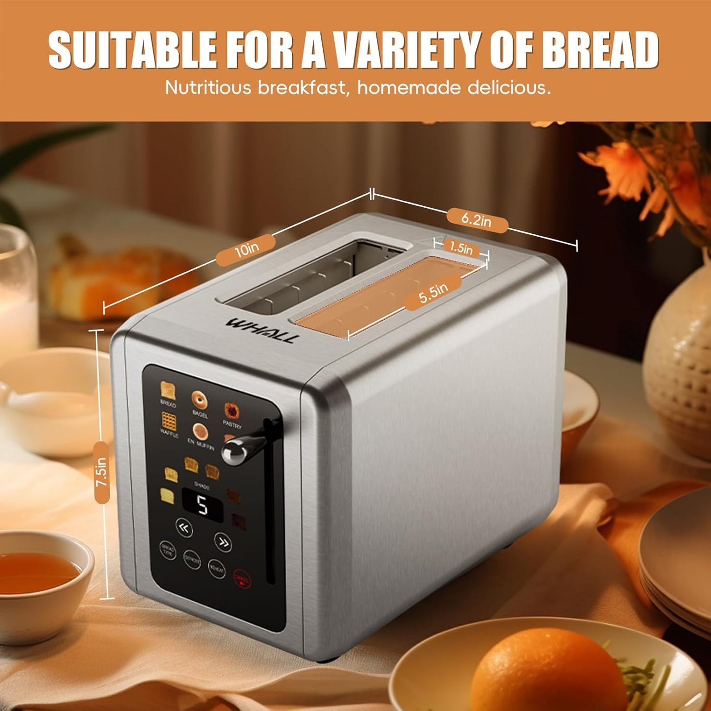 WHALL® Touch Screen Toaster - 2 Slice Stainless Steel with Digital Timer, 6 Bread Types & Shade Settings