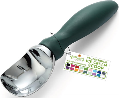 Spring Chef Ice Cream Scoop - Heavy Duty Soft Grip Handle for Gelato, Sorbet & More - Pine Green