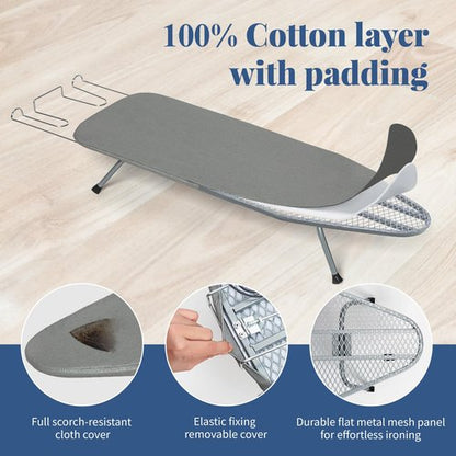 Tabletop Ironing Board with Iron Rest, Small Ironing Board Foldable with Heat Resistant Cover, BlissBoard Mini Compact Iron Table for Dorms, Aprtment and Travel, 31"x12", Grey