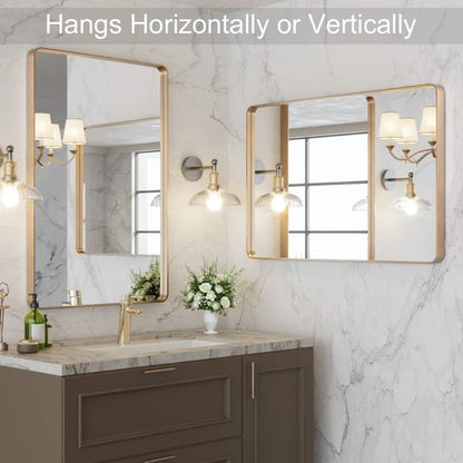 LOAAO 20”X30” Gold Bathroom Mirror, Rounded Rectangle Gold Frame Mirror, Brushed Gold Bathroom Vanity Mirror Wall-Mounted, Anti-Rust, Hangs Horizontally or Vertically