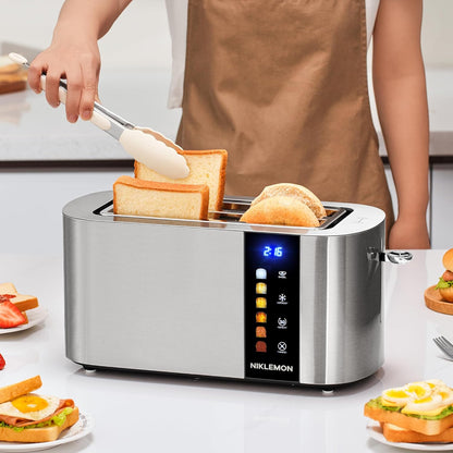 NIKLEMON Stainless Steel 4-Slice Toaster - LED Display, Extra Wide Slots, Touch Buttons, 1300W