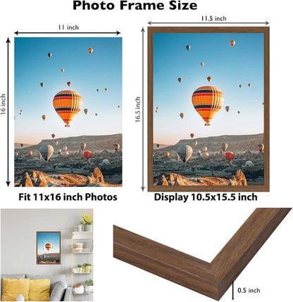 JCJMY 11x16 Picture Frame - Brown Wall Hanging Frame with Shatter Resistant Plexiglass | Versatile Mounting Options