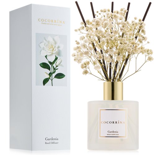 COCORRÍNA Reed Diffuser - Gardenia 6.7 Fl.oz Reed Diffuser Set with Sticks & Preserved Baby's Breath, Reed Diffuser for Home Bathroom Shelf Decor