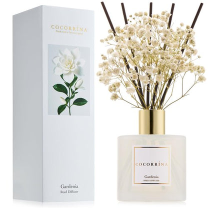 COCORRÍNA Reed Diffuser - Gardenia 6.7 Fl.oz Reed Diffuser Set with Sticks & Preserved Baby's Breath, Reed Diffuser for Home Bathroom Shelf Decor