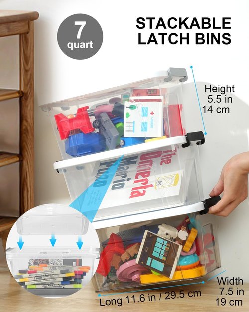 EOENVIVS Plastic Storage Bins - 6 Pack Stackable Organizer with Lids | 7 Quart Clear Boxes for Home & Office