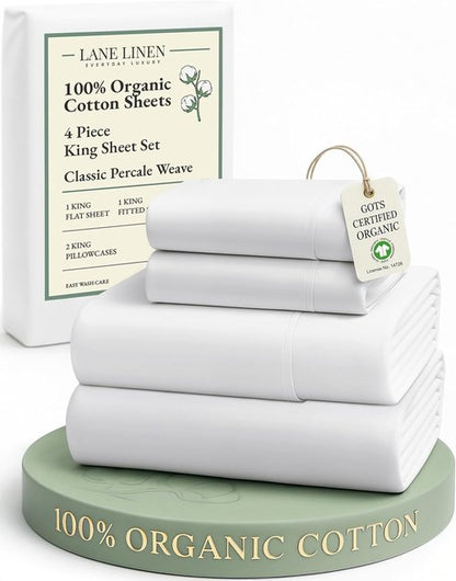 LANE LINEN 100% Organic Cotton King Size Sheets Set - Soft, Breathable & Eco-Friendly White Percale Sheets