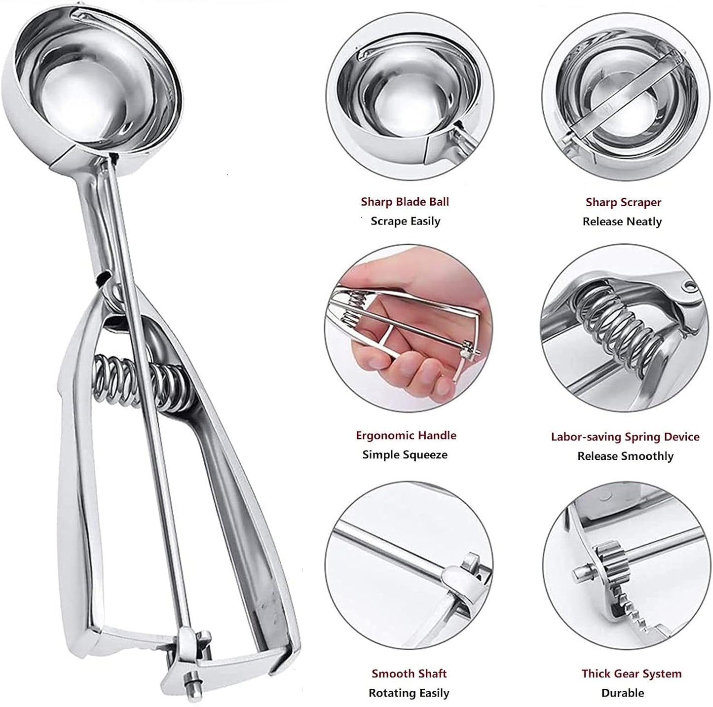 Skiennix Ice Cream Scoop Set - 3Pcs Stainless Steel Cookie Scoops with Trigger Release | Large, Medium, Small