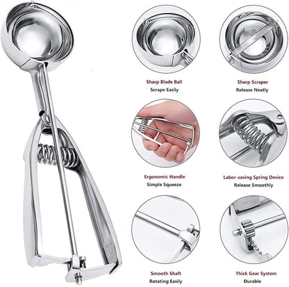 Skiennix Ice Cream Scoop Set - 3Pcs Stainless Steel Cookie Scoops with Trigger Release | Large, Medium, Small