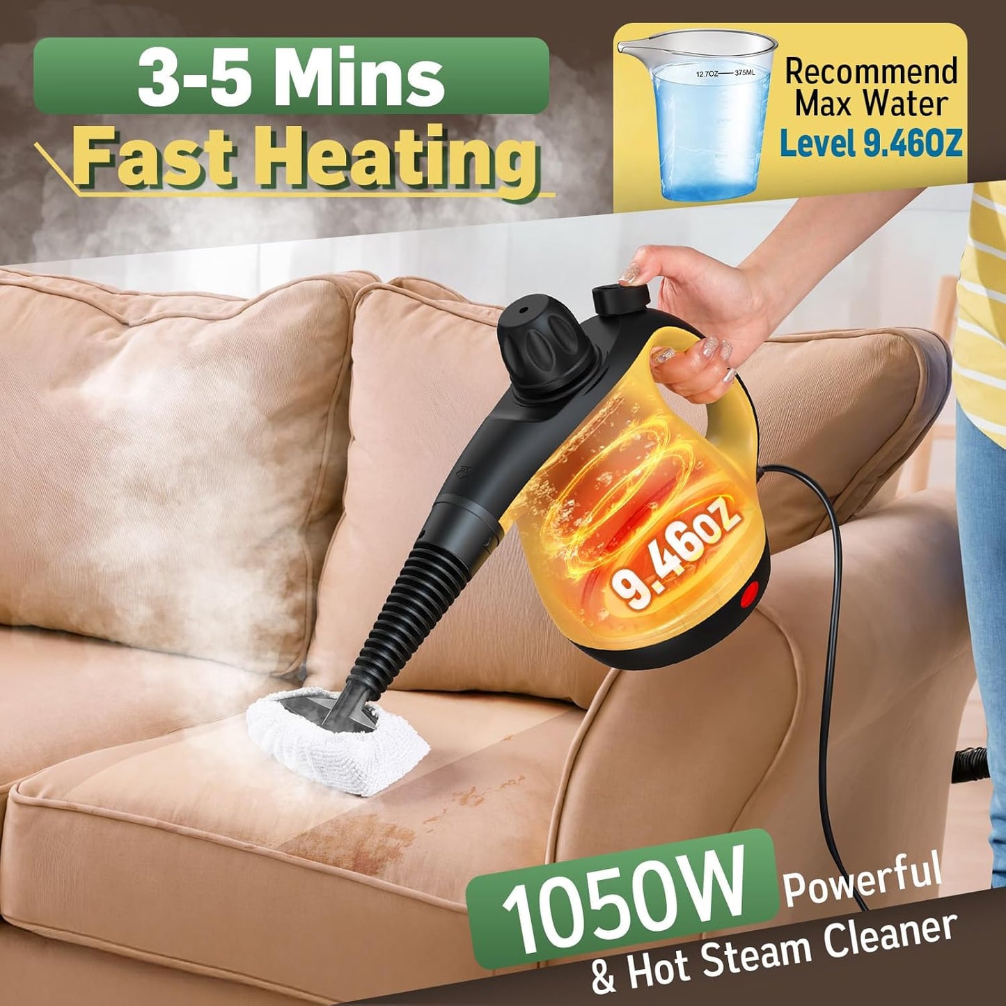 Pressurized Handheld Steam Cleaner for Home Deep Cleaning, Multi-Purpose Portable Steamer for Cleaning with 11 PCS Accessories for Dirt, Grease, Window, Car, Furniture, Bathroom, Couch, Tile and Grout