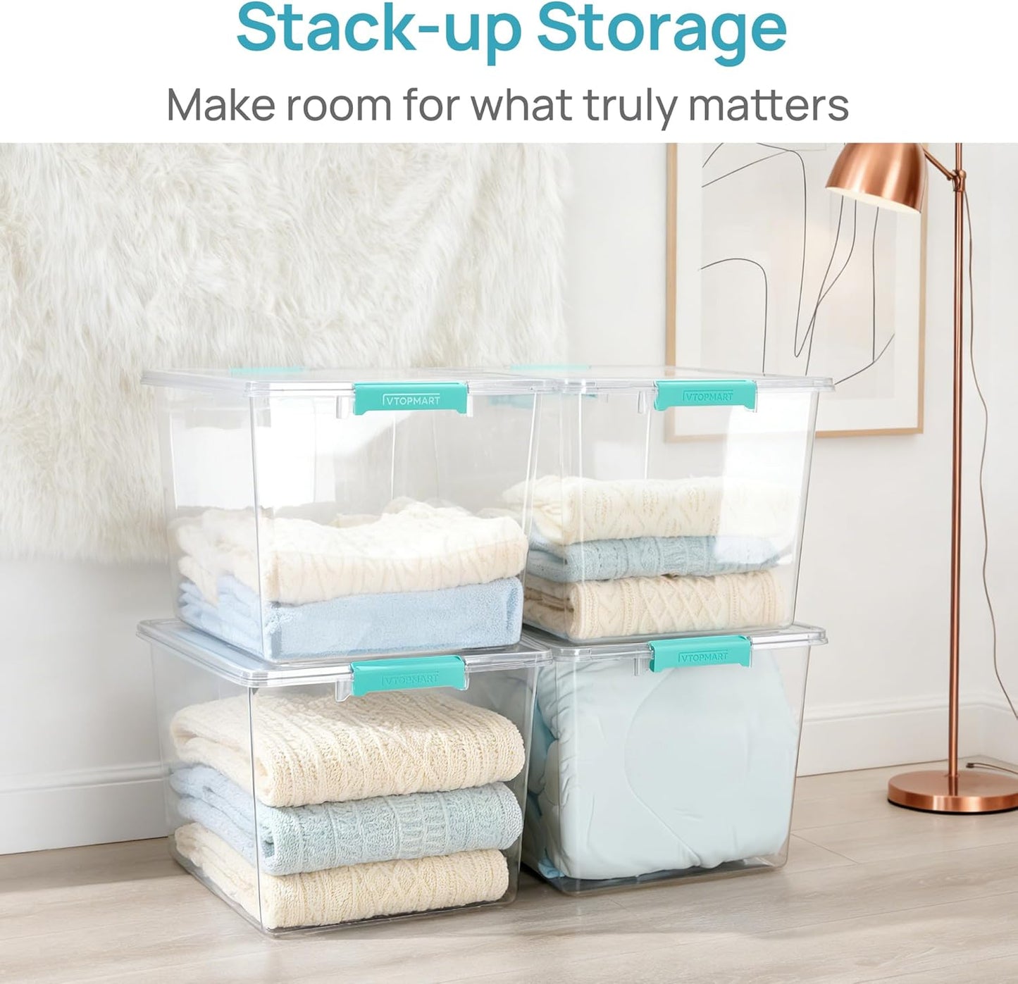 Vtopmart 72 QT Crystal Clear Storage Bins - 4 Pack Stackable Latching Containers for Closet Organization