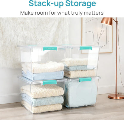 Vtopmart 72 QT Crystal Clear Storage Bins - 4 Pack Stackable Latching Containers for Closet Organization