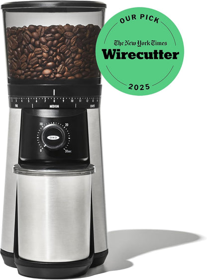 OXO Brew Conical Burr Coffee Grinder - One-Touch Automatic Grind, Silver Stainless Steel Design