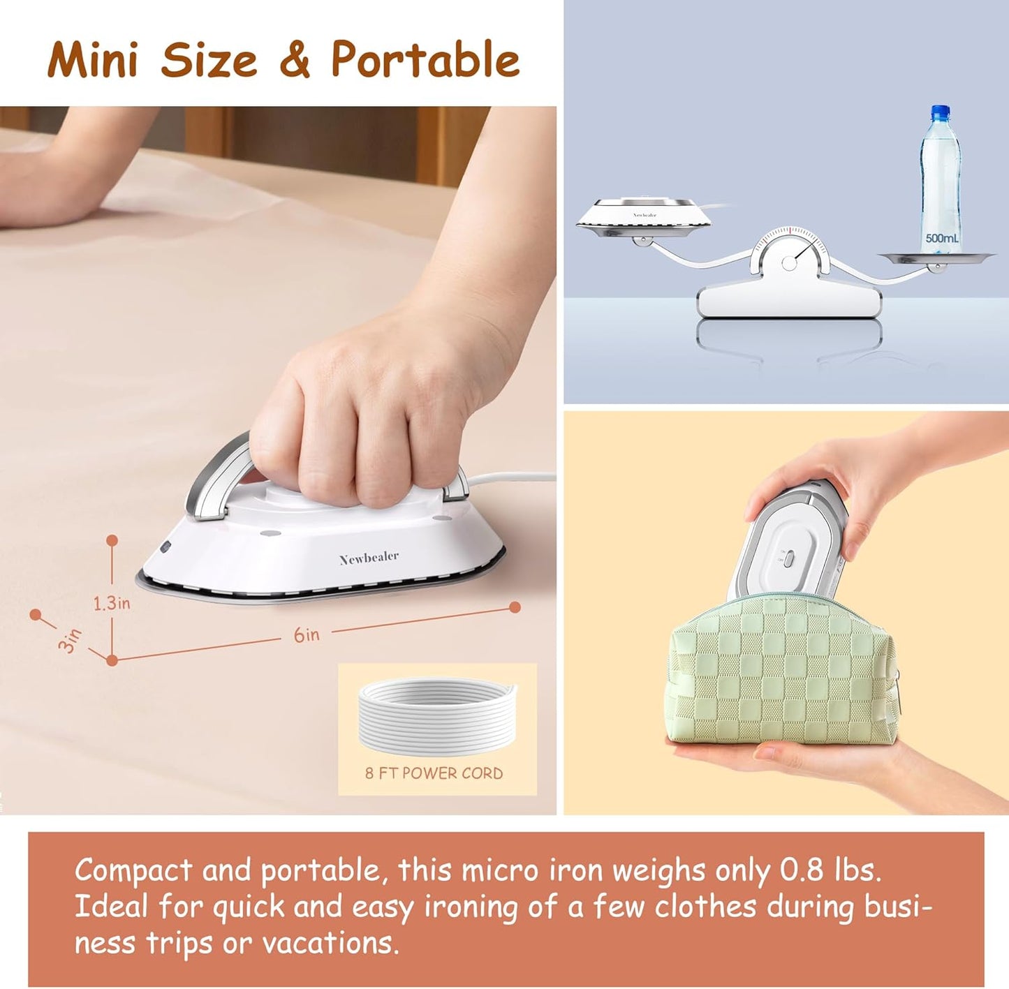 Newbealer Travel Iron - Mini Dry Iron with Global Voltage, 300W, Non-Stick Ceramic Soleplate, Silver