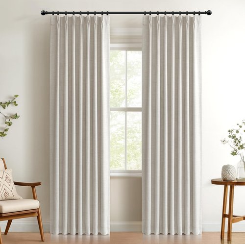 100% Blackout Shield Linen Look Textured Pinch Pleated Curtains Blackout Drapes 84 Inch Long 2 Panels Set, Faux Linen Blackout Curtains for Bedroom & Living Room, 40" W x 84" L, Beige