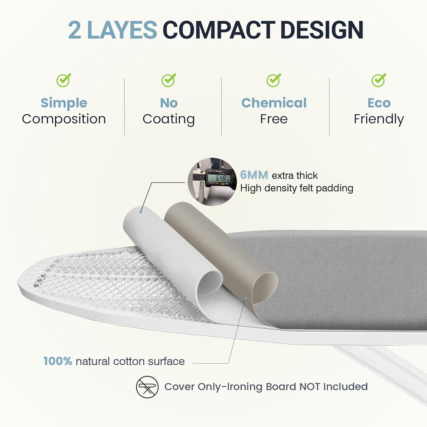 UniSimp Ironing Board Cover - Extra Thick Natural Cotton, Scorch & Stain Resistant | 18"x49" Gray