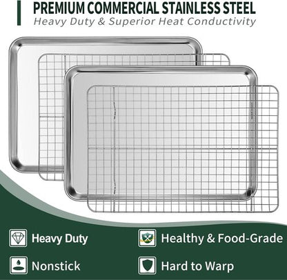 CEKEE 10-Inch Stainless Steel Baking Sheet Set - 4 PCs with Wire Racks, Rust & Warp Resistant, Easy Clean
