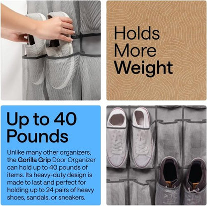 GORILLA GRIP Over The Door Shoe Organizer - 24 Large Breathable Mesh Pockets | Space-Saving Storage in Grey