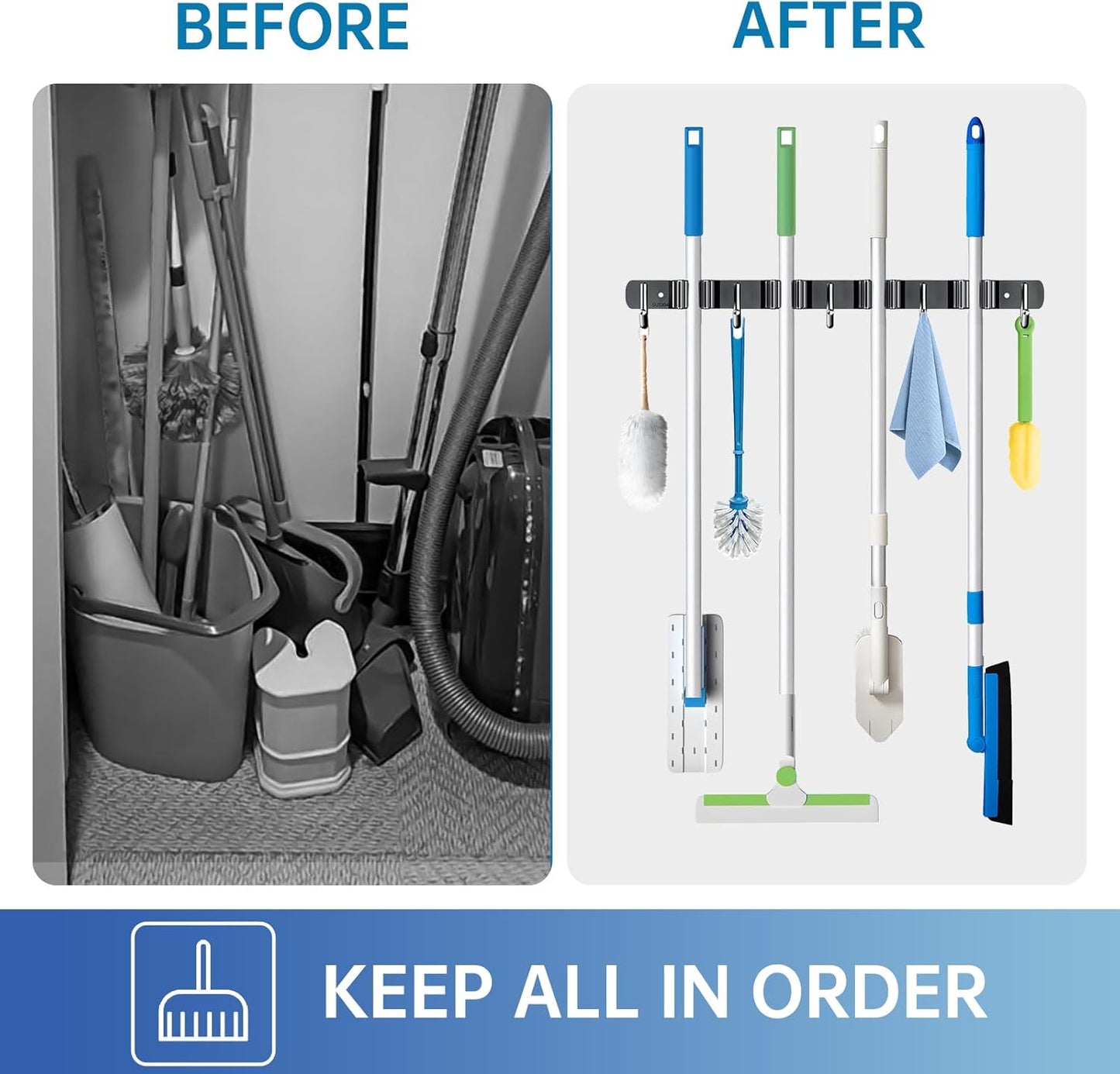 ZONGOOL Broom Holder Wall Mount - Heavy Duty 4 Racks & 5 Hooks Organizer for Home, Kitchen, Garage (Black)