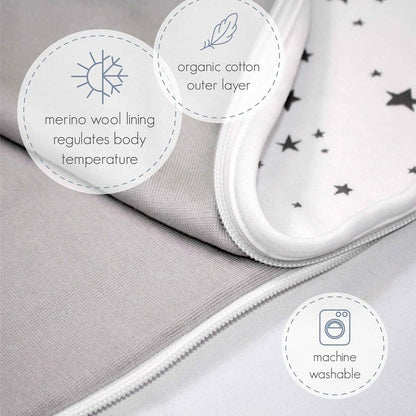 Woolino Ultimate Baby Sleep Sack – 4 Season Merino Wool Sleeping Bag, Organic Cotton Outer, Temp Regulating Blanket, Adjustable Sleep Sack Universal Size 2–24 Months - Night Sky