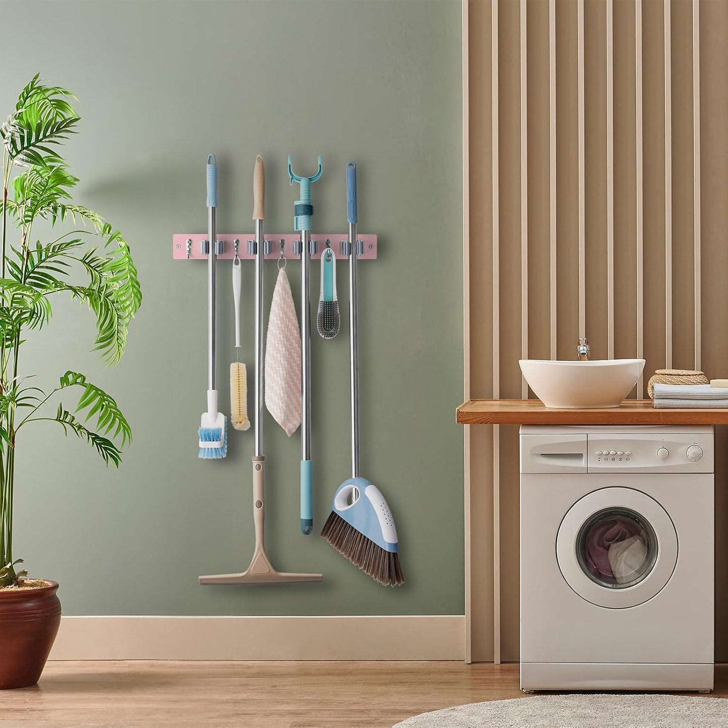 OUTNILI Pink Mop Broom Holder - Wall Mount Organizer with 4 Slots & Hooks for Kitchen Decor