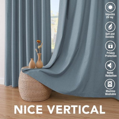 H.VERSAILTEX Linen Blackout Curtains 96 Inches Long 100% Blackout Thermal Insulated Textured Linen Look Curtain Draperies Anti-Rust Grommet, Energy Saving with White Liner, 2 Panels, Stone Blue