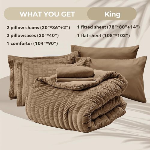 HYMOKEGE King Size Comforter Set - Luxury 7-Piece All-Season Bedding Set in Brown with Sheets & Pillowcases