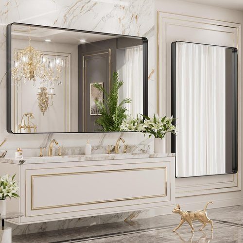 LOAAO Black Metal Framed Bathroom Mirror - 48x40 Inch Rounded Rectangle | Anti-Rust, Versatile Hanging Options