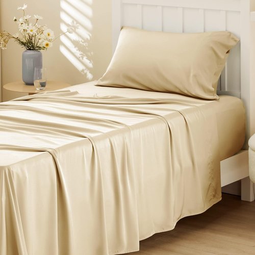 Bedsure Cooling Twin Sheets - Breathable Rayon from Bamboo, Deep Pocket Up to 16 Inches, Soft & Silky Alabaster Gleam