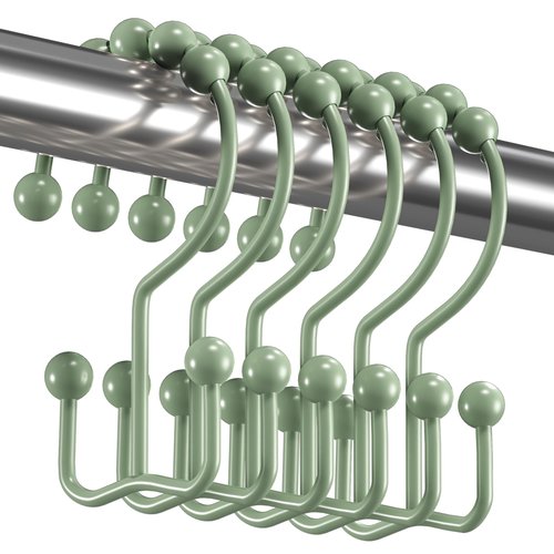 Titanker Shower Curtain Hooks Rings, Rust-Resistant Metal Double Glide Shower Hooks for Bathroom Shower Rods Curtains, Set of 12 Hooks - Sage Green