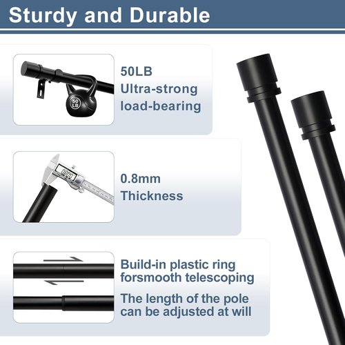 Byondeth Adjustable Curtain Rods - Heavy Duty 1 Inch Diameter for Windows 28 to 144 Inches | Black Finish