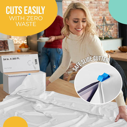Party Solids | 54-Inch X 300-Feet White Plastic Table Cover Roll - Convenient Slide Cutter Included