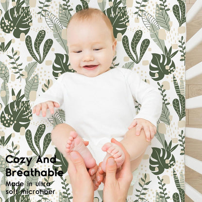 Yoofoss Fitted Baby Crib Sheets - Super Soft Microfiber 2-Pack for Standard Crib & Toddler Mattress | Green & Banana Leaves 28x52x8in