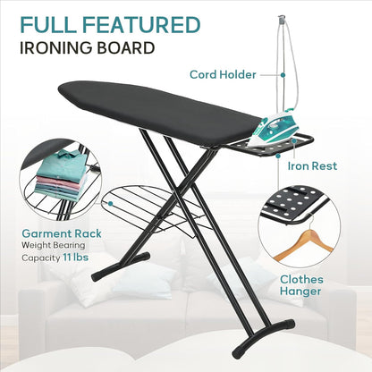 RAINHOL Large Heavy Duty Ironing Board - Adjustable Height with Storage Tray & Cover | 48x15 in, Black