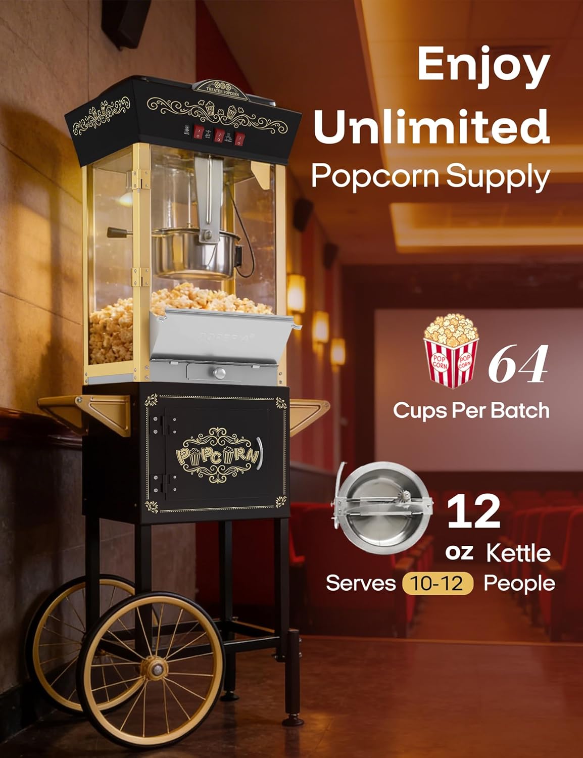 Skiennix 12oz Retro Popcorn Machine - Professional Movie Theater Style with Warming Deck | Black & Gold