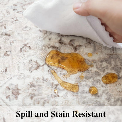 Skiennix Washable 4x12 Wide Hallway Runner - Vintage Soft Non-Slip Water-Resistant Rug | Beige