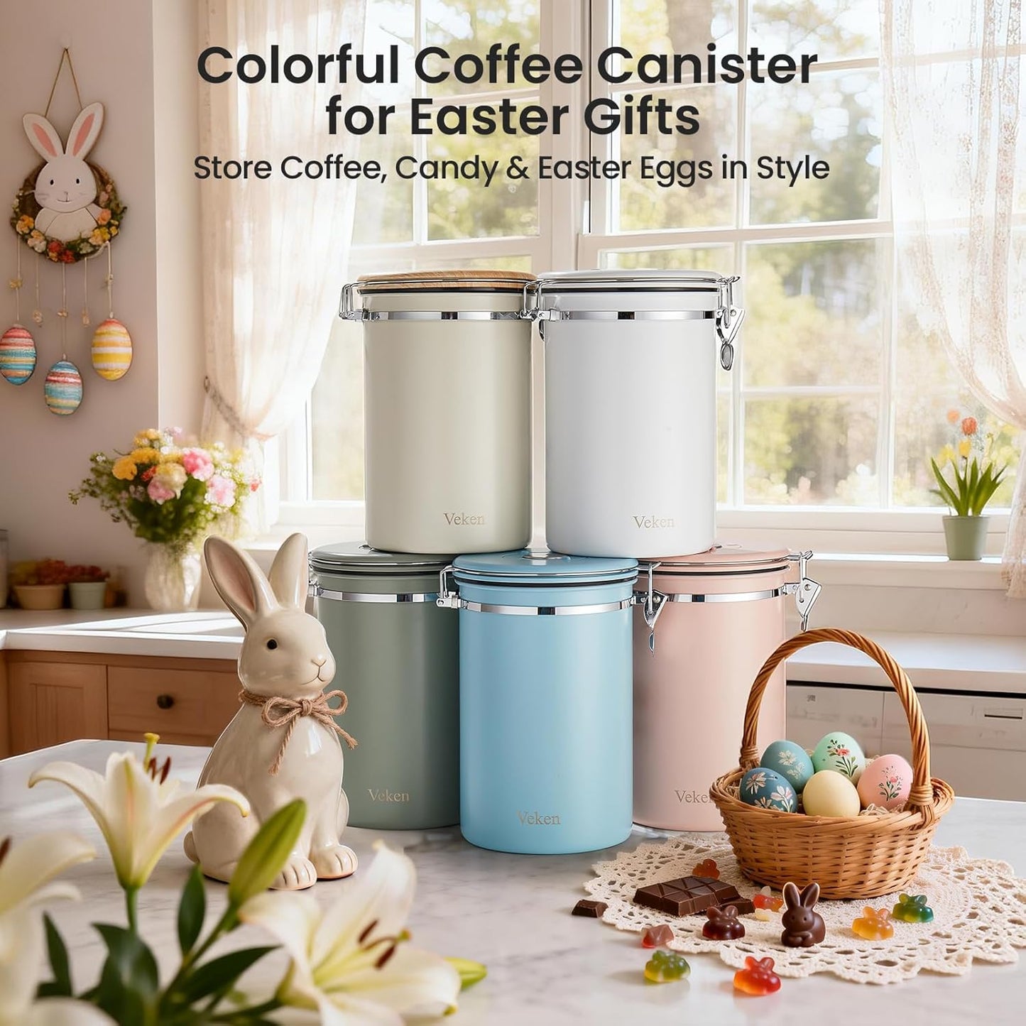 Veken Coffee Canister - 39oz Airtight Stainless Steel Storage for 2.2lbs Coffee, Tea & Sugar | Blue