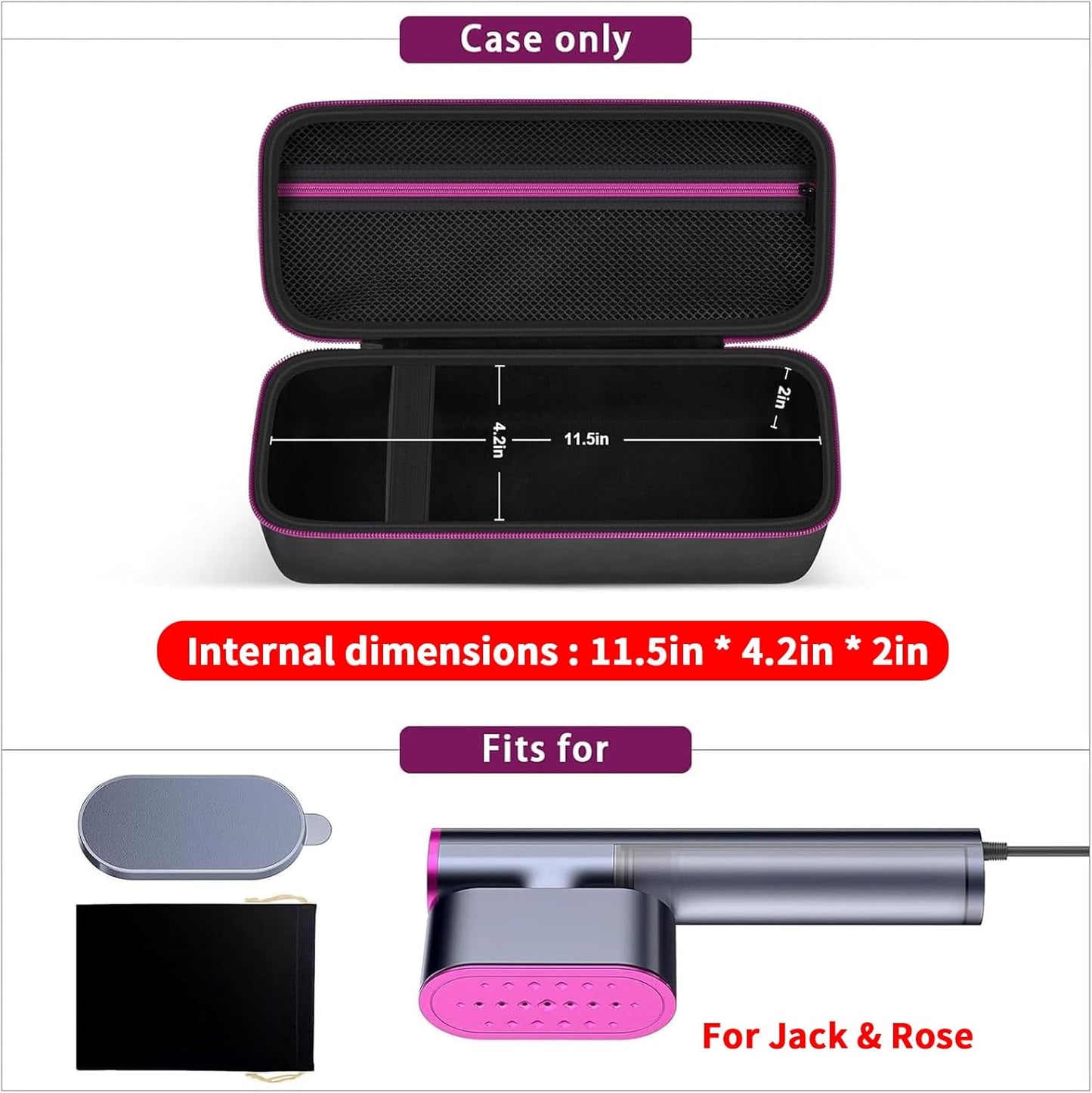 Steamer Case - Jack & Rose Compatible Handheld Iron Storage Bag with Mesh Pocket - Black