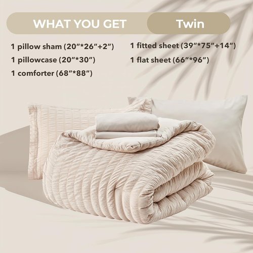 HYMOKEGE Twin Comforter Set - 5-Piece All-Season Luxury Bedding in Beige with Sheets & Pillowcase
