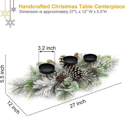 Flocked Pine Needles Christmas Table Centerpiece by [Brand Name] - 27.5 Inch with Frosted Pine Cones | Snowy Design