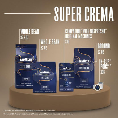 Lavazza Super Crema Aluminum Capsules Compatible with Nespresso* Original Machines, Medium Roast, Arabica and Robusta Blend (10 Capsules)
