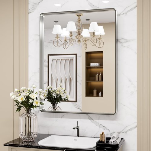 LOAAO 24X30 Inch Brushed Nickel Bathroom Mirror, Rounded Rectangle Silver Metal Frame Mirror, Brushed Nickel, Anti-Rust, Shatter Proof, Hangs Horizontally or Vertically