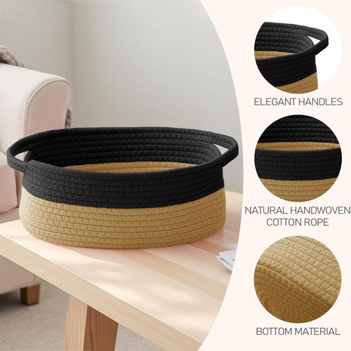 JMvicyroam Woven Basket - Small Rope Storage Bin with Handles for Organizing Shelves | Black & Jute, 3-Pack