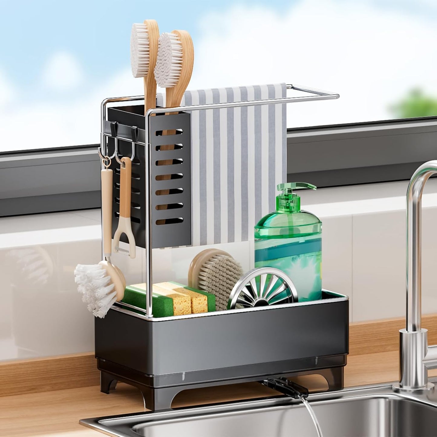 Skiennix Kitchen Sink Caddy - Rustproof Sponge Holder with Brush & Dishcloth Rack | Black